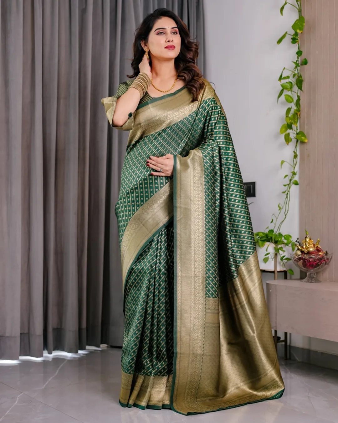 Bottle Green Banarasi Soft Silk Saree With Rich Golden Zari