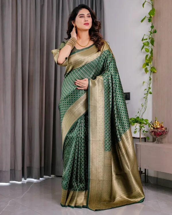 Bottle Green Banarasi Soft Silk Saree With Rich Golden Zari