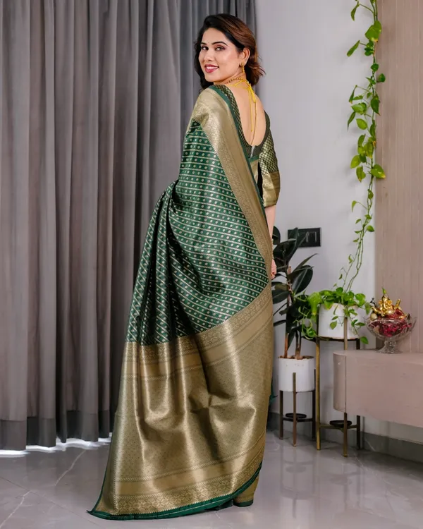 Bottle Green Banarasi Soft Silk Saree With Rich Golden Zari