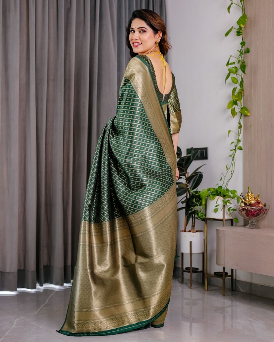 Bottle Green Banarasi Soft Silk Saree With Rich Golden Zari