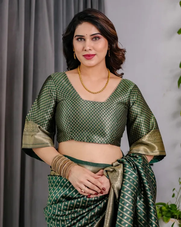 Bottle Green Banarasi Soft Silk Saree With Rich Golden Zari