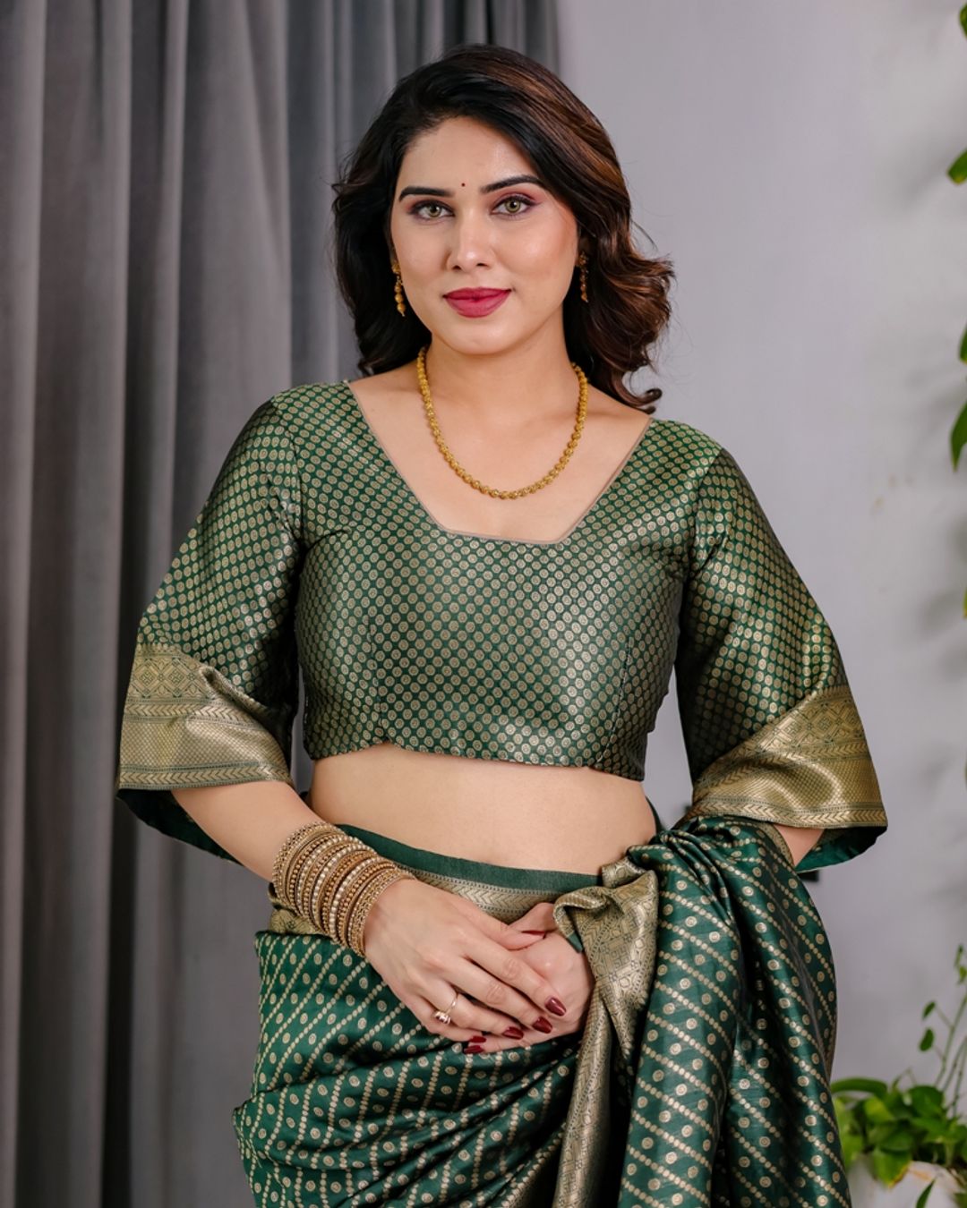 Bottle Green Banarasi Soft Silk Saree With Rich Golden Zari