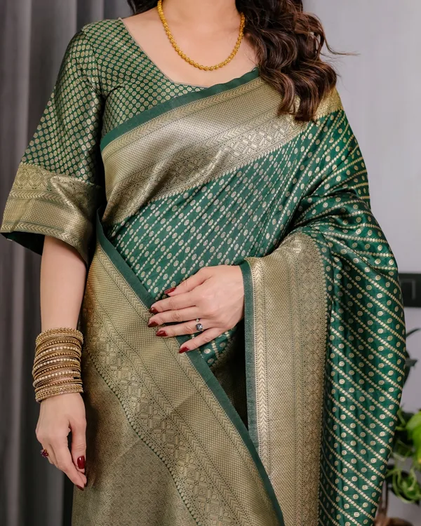 Bottle Green Banarasi Soft Silk Saree With Rich Golden Zari