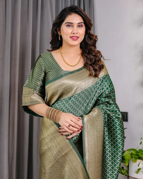 Bottle Green Banarasi Soft Silk Saree With Rich Golden Zari