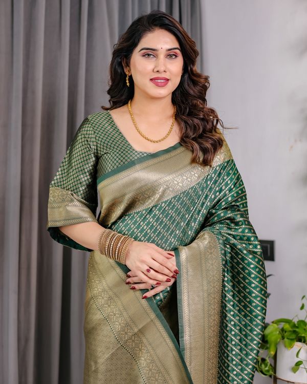 Bottle Green Banarasi Soft Silk Saree With Rich Golden Zari