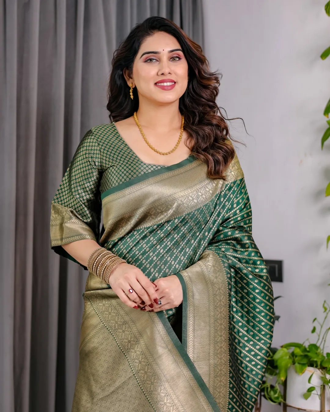 Bottle Green Banarasi Soft Silk Saree With Rich Golden Zari