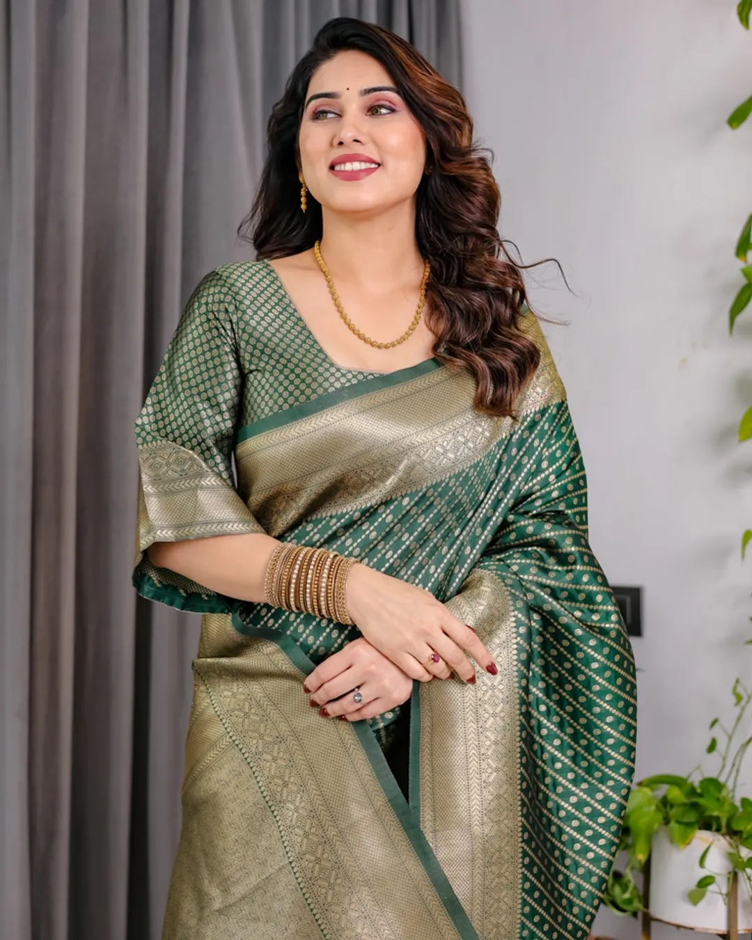 Bottle Green Banarasi Soft Silk Saree With Rich Golden Zari