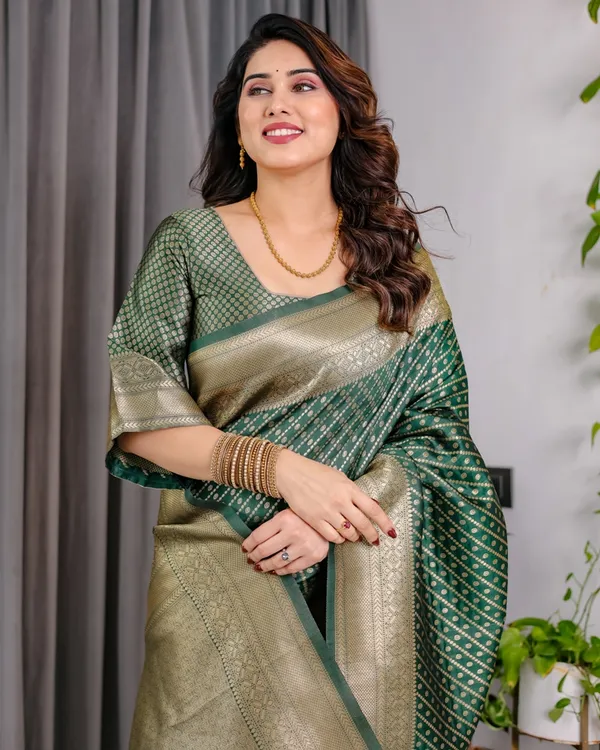 Bottle Green Banarasi Soft Silk Saree With Rich Golden Zari