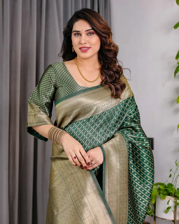 Bottle Green Banarasi Soft Silk Saree With Rich Golden Zari