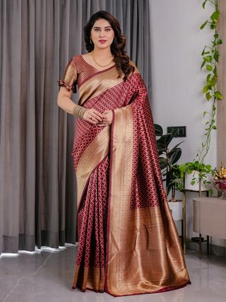 Maroon Banarasi Soft Silk Saree With Golden Zari Border
