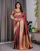 Maroon Banarasi Soft Silk Saree With Golden Zari Border - Maroon, Wine, Rust