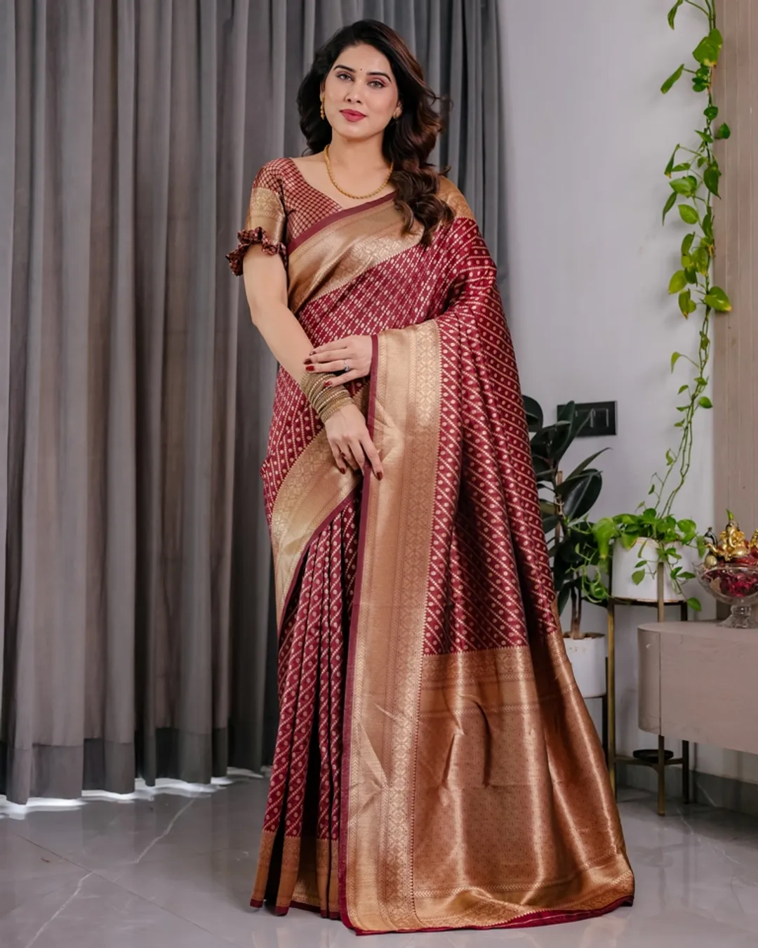 Maroon Banarasi Soft Silk Saree With Golden Zari Border