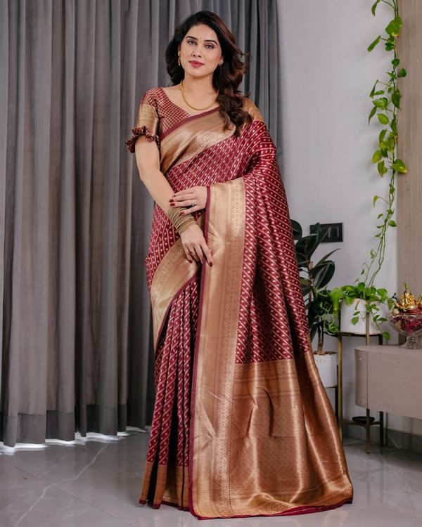 Maroon Banarasi Soft Silk Saree With Golden Zari Border