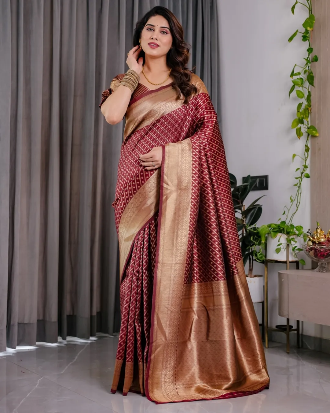 Maroon Banarasi Soft Silk Saree With Golden Zari Border