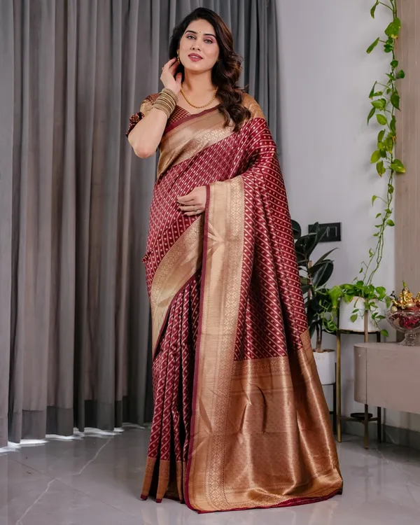 Maroon Banarasi Soft Silk Saree With Golden Zari Border