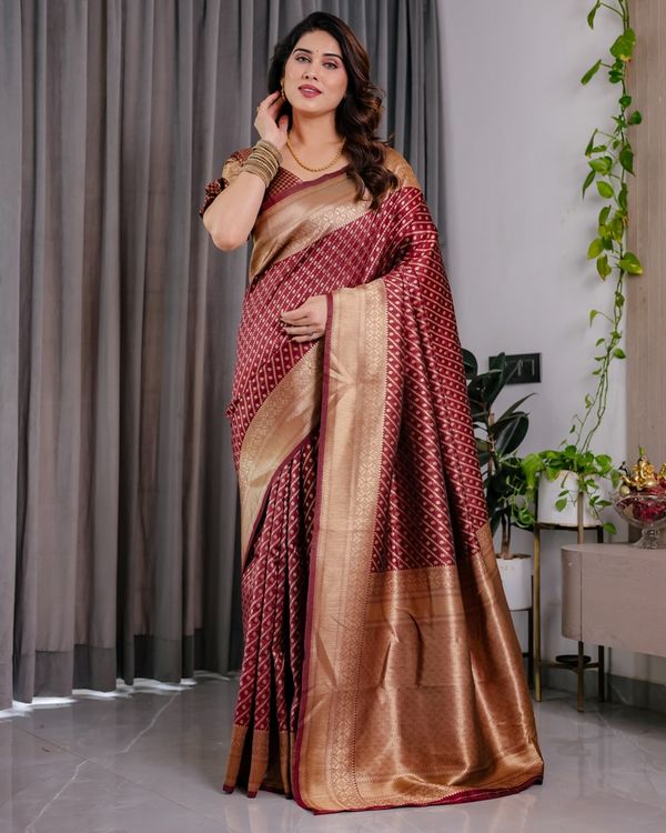 Maroon Banarasi Soft Silk Saree With Golden Zari Border