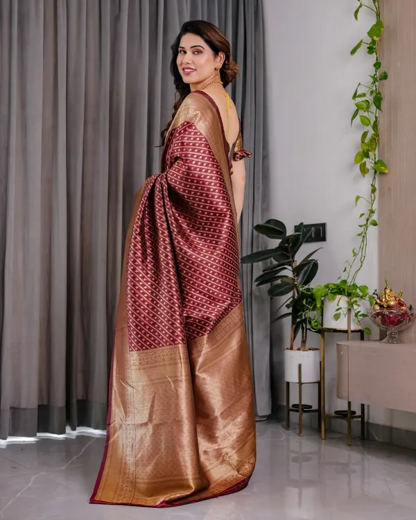 Maroon Banarasi Soft Silk Saree With Golden Zari Border