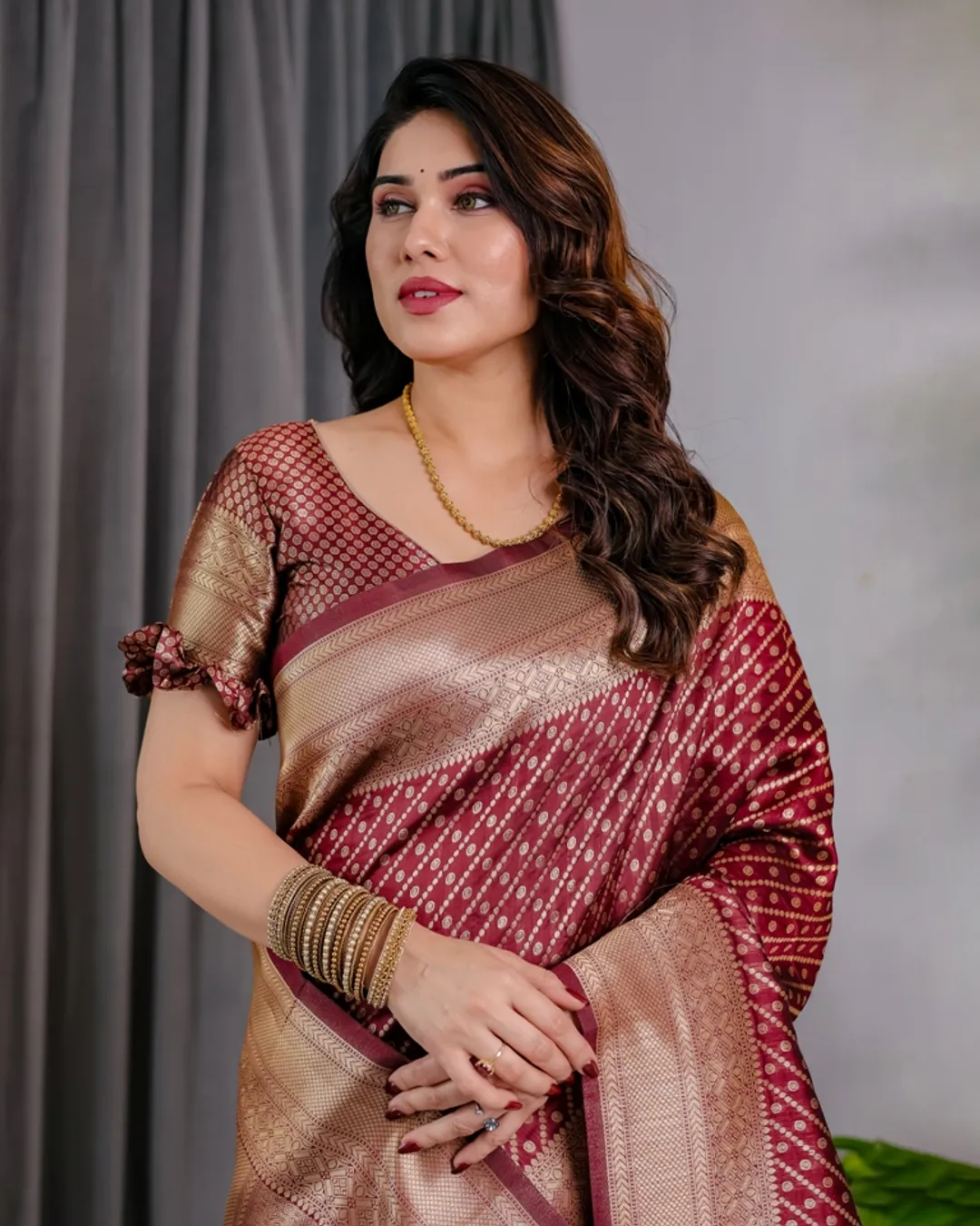 Maroon Banarasi Soft Silk Saree With Golden Zari Border