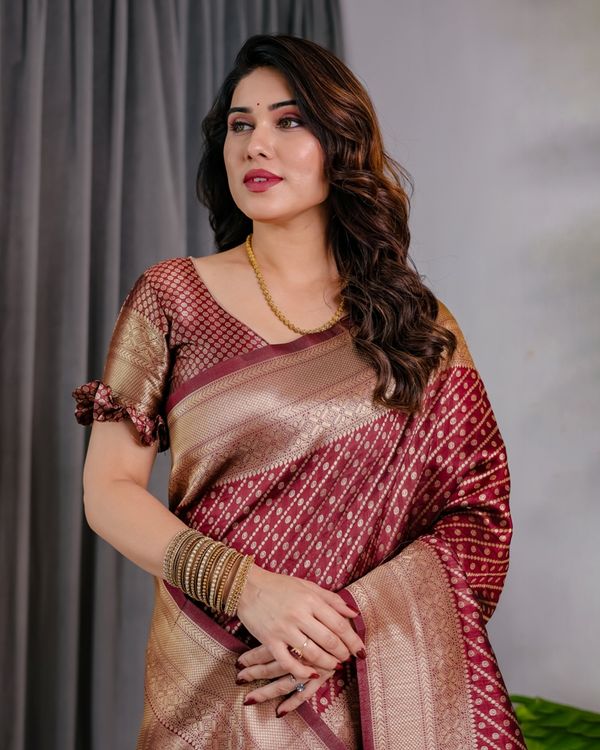 Maroon Banarasi Soft Silk Saree With Golden Zari Border