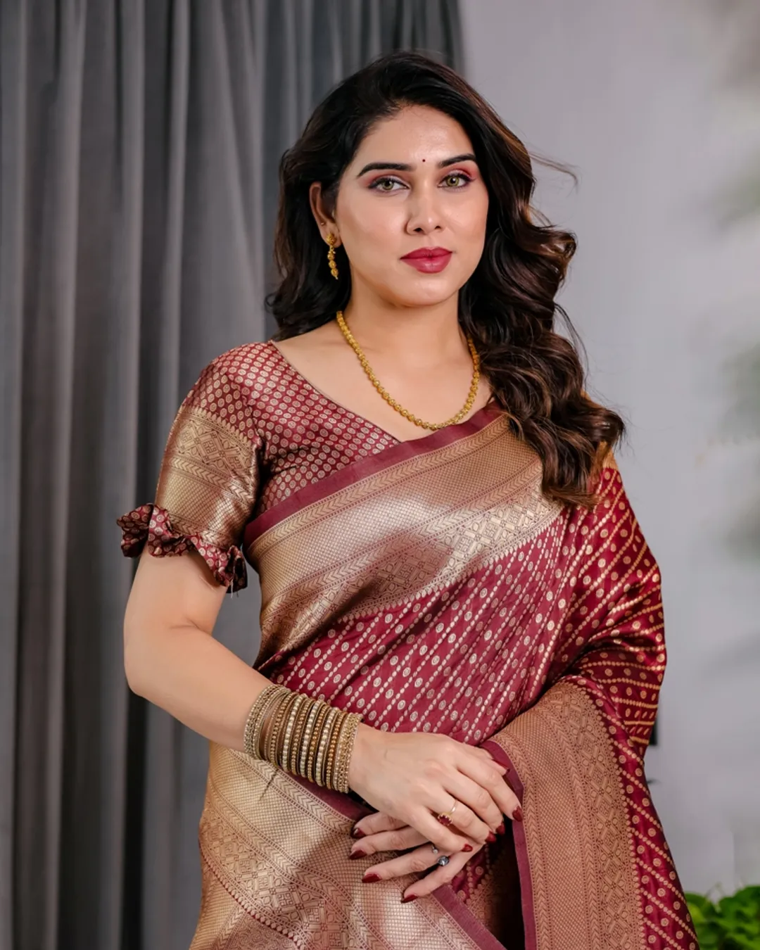 Maroon Banarasi Soft Silk Saree With Golden Zari Border
