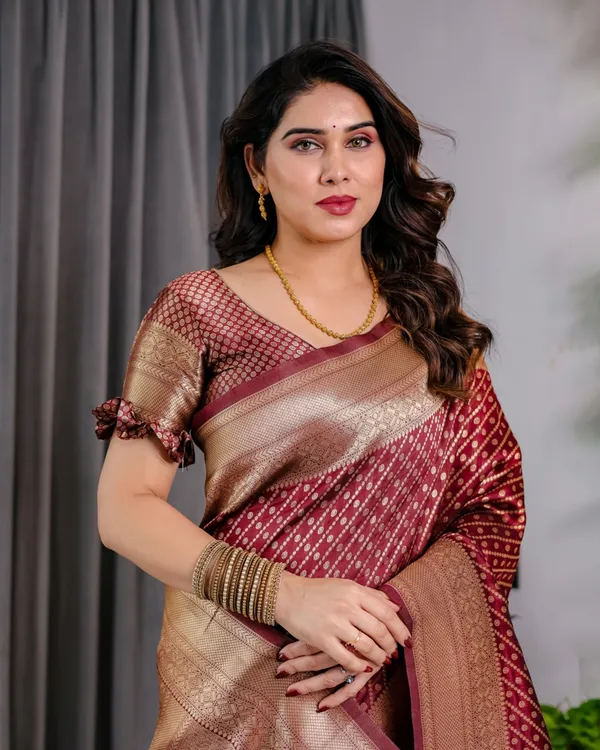 Maroon Banarasi Soft Silk Saree With Golden Zari Border