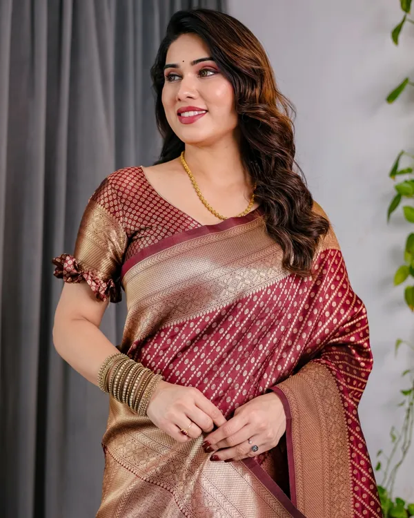 Maroon Banarasi Soft Silk Saree With Golden Zari Border