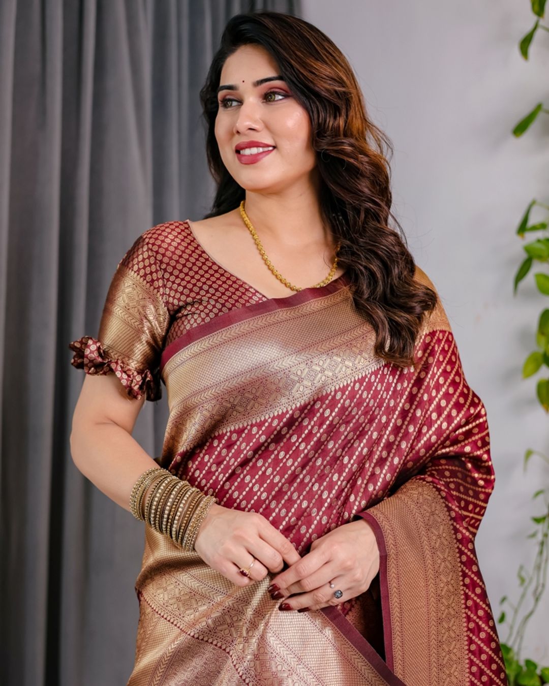 Maroon Banarasi Soft Silk Saree With Golden Zari Border