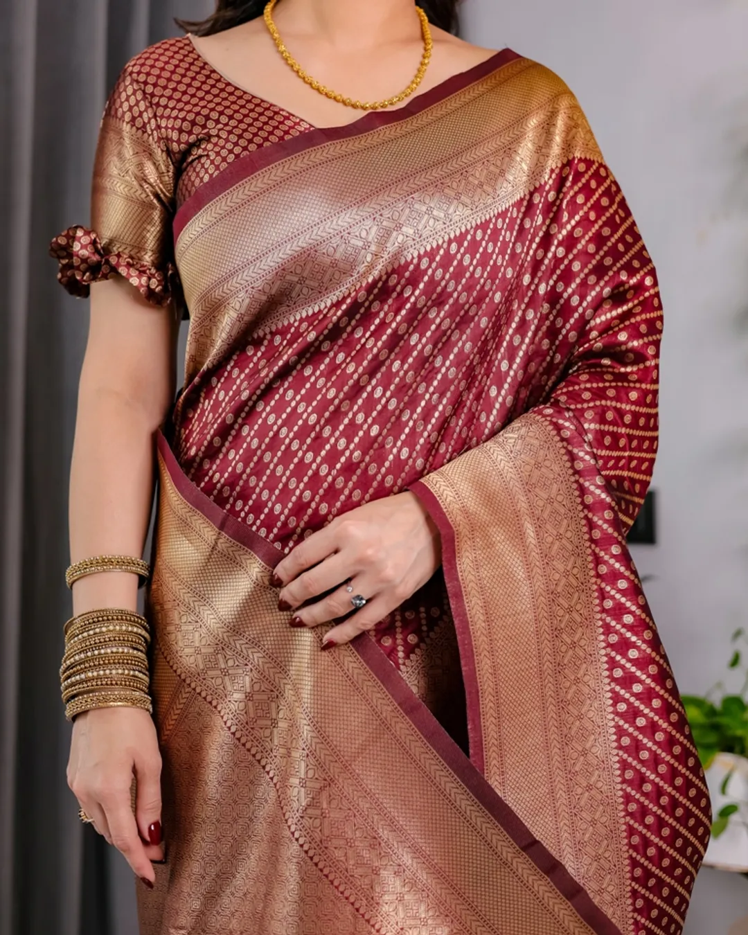 Maroon Banarasi Soft Silk Saree With Golden Zari Border
