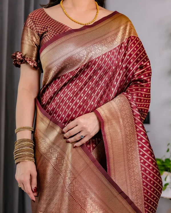 Maroon Banarasi Soft Silk Saree With Golden Zari Border