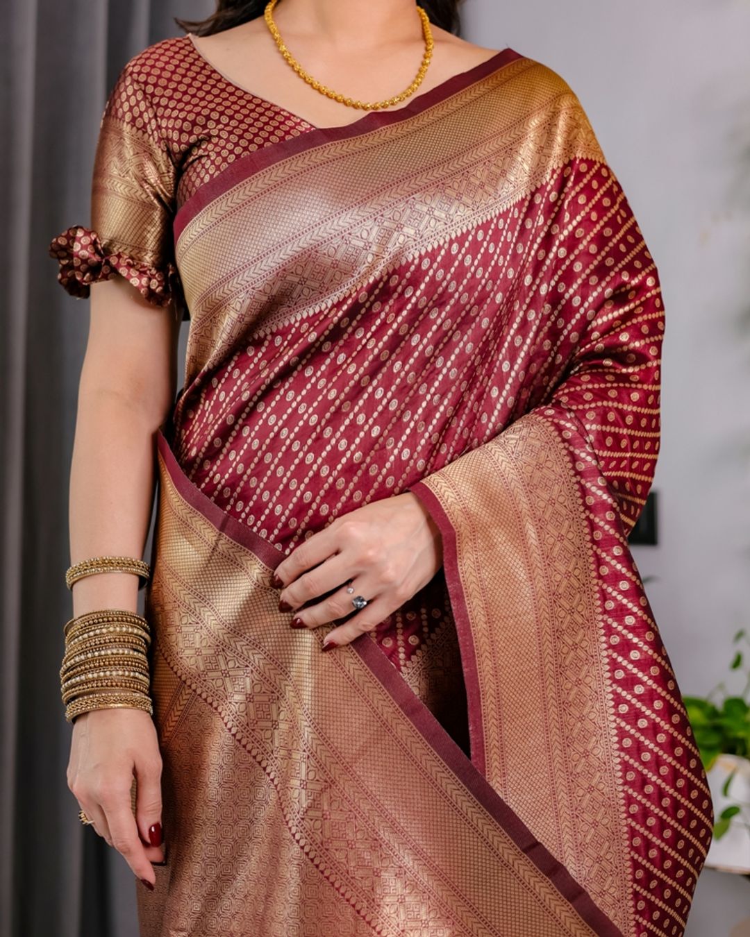 Maroon Banarasi Soft Silk Saree With Golden Zari Border