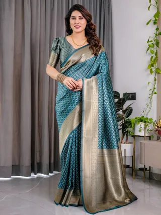 Teal Blue Banarasi Silk Zari Saree Online | Varnavi