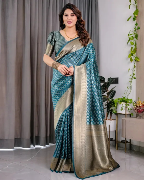 Teal Blue Banarasi Silk Zari Saree Online | Varnavi