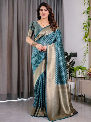 Teal Blue Banarasi Silk Zari Saree Online | Varnavi