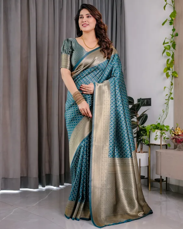 Teal Blue Banarasi Silk Zari Saree Online | Varnavi