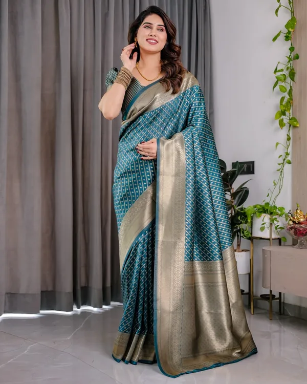 Teal Blue Banarasi Silk Zari Saree Online | Varnavi