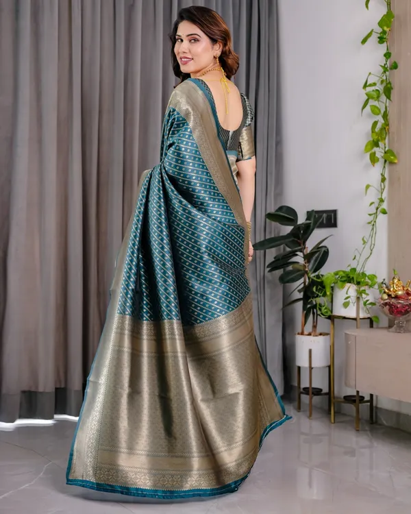 Teal Blue Banarasi Silk Zari Saree Online | Varnavi