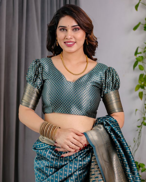 Teal Blue Banarasi Silk Zari Saree Online | Varnavi
