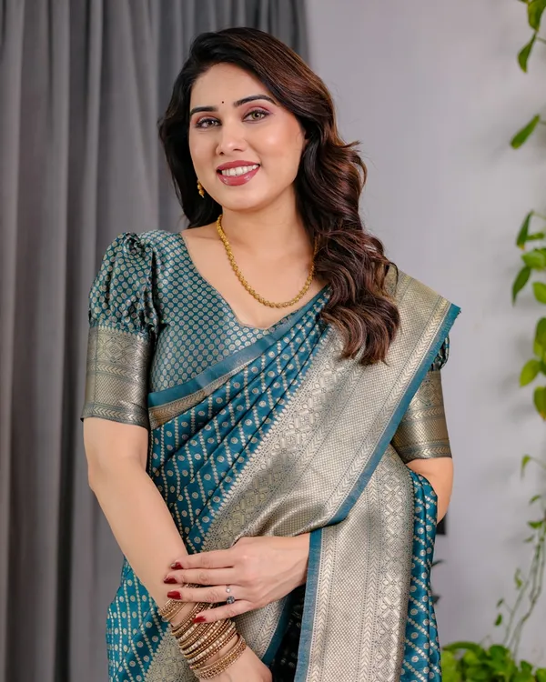 Teal Blue Banarasi Silk Zari Saree Online | Varnavi