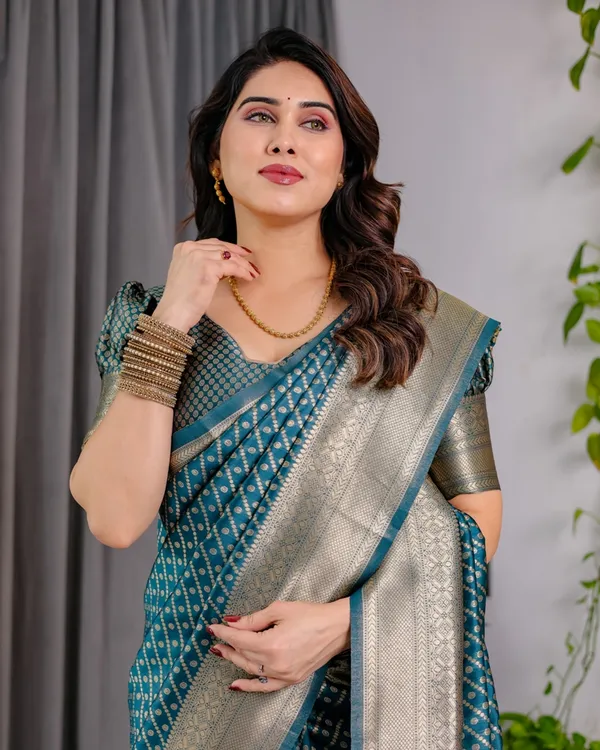 Teal Blue Banarasi Silk Zari Saree Online | Varnavi