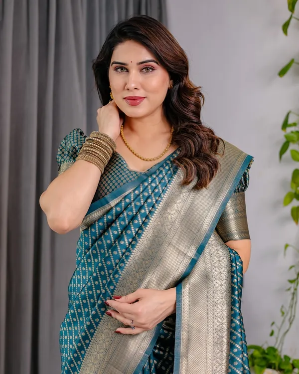 Teal Blue Banarasi Silk Zari Saree Online | Varnavi