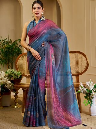 Blue Wine Tissue Handloom Cotton Saree with Shimmer Print