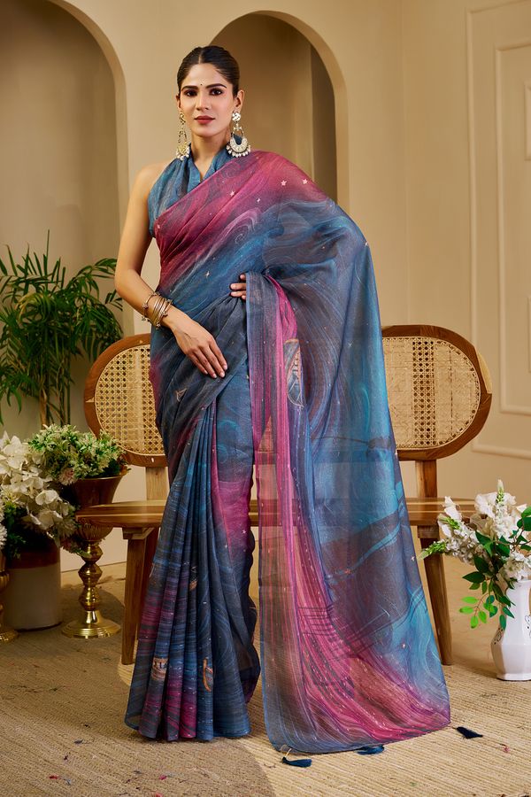 Blue Wine Tissue Handloom Cotton Saree with Shimmer Print