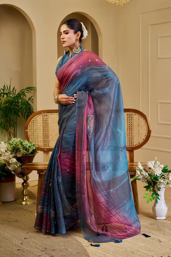 Blue Wine Tissue Handloom Cotton Saree with Shimmer Print