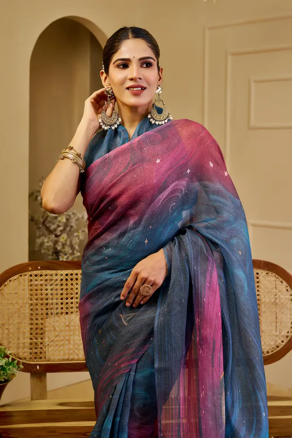 Blue Wine Tissue Handloom Cotton Saree with Shimmer Print