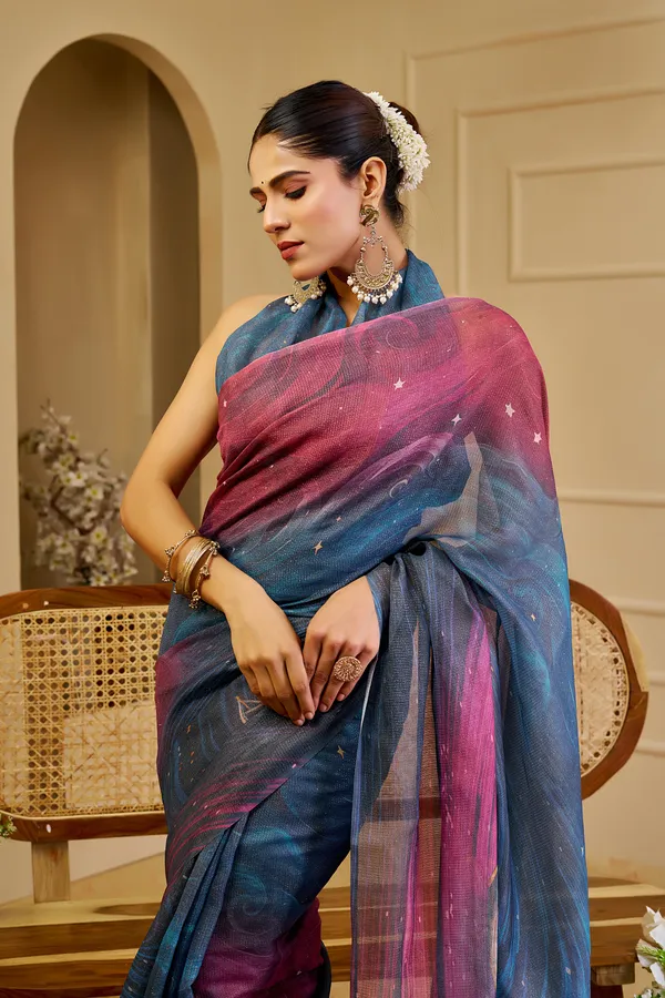 Blue Wine Tissue Handloom Cotton Saree with Shimmer Print