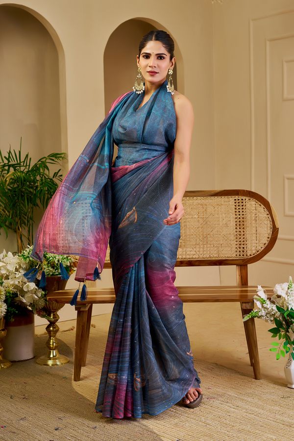 Blue Wine Tissue Handloom Cotton Saree with Shimmer Print