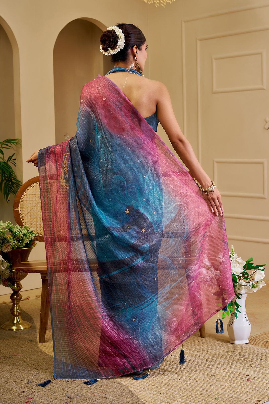 Blue Wine Tissue Handloom Cotton Saree with Shimmer Print