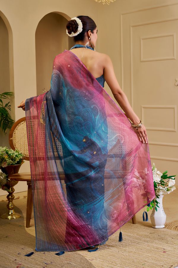 Blue Wine Tissue Handloom Cotton Saree with Shimmer Print