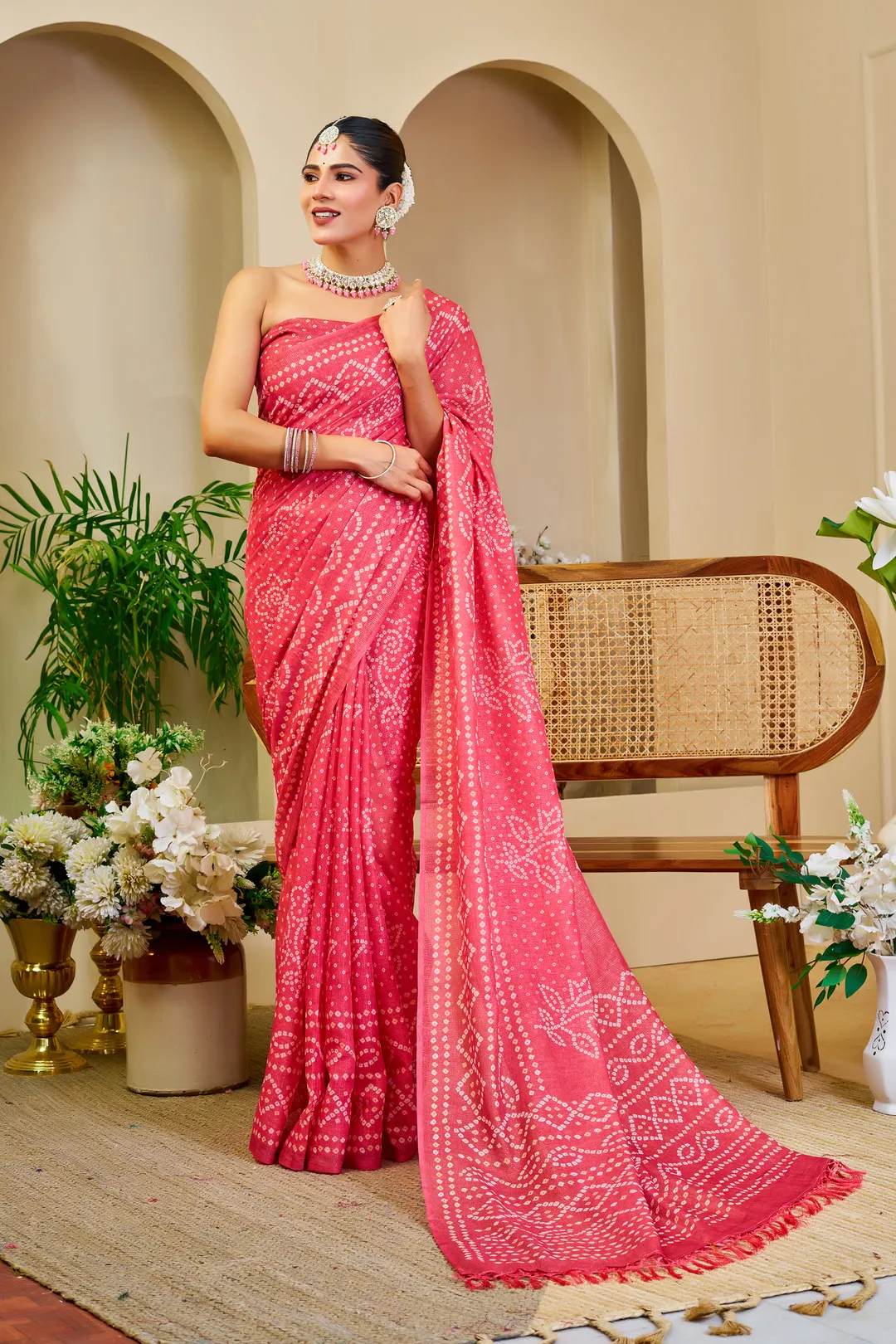 Pink Tissue Handloom Cotton Saree with Bandhani Print Work