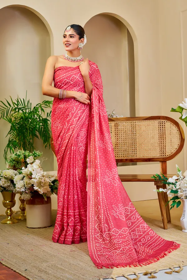 Pink Tissue Handloom Cotton Saree with Bandhani Print Work